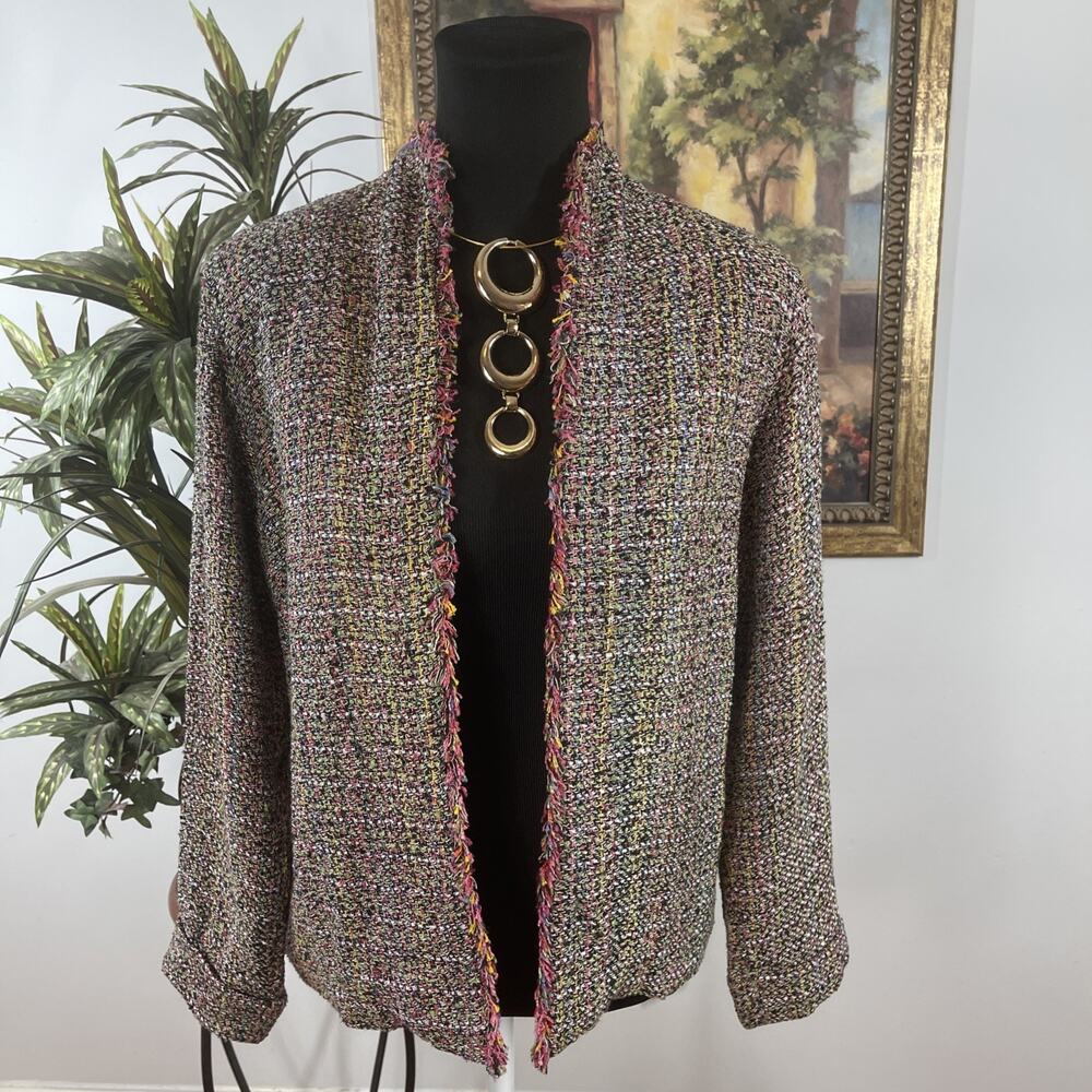 Coldwater Creek Womens Jacket PXS Silk Blend Multicolor Tweed Fringe Open Preppy